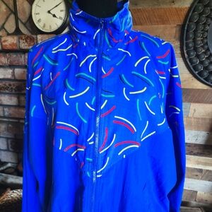 Liz Sport Vintage 80s 90s Windbreaker Jacket Large Hidden Hood Hooded Mens Blue
